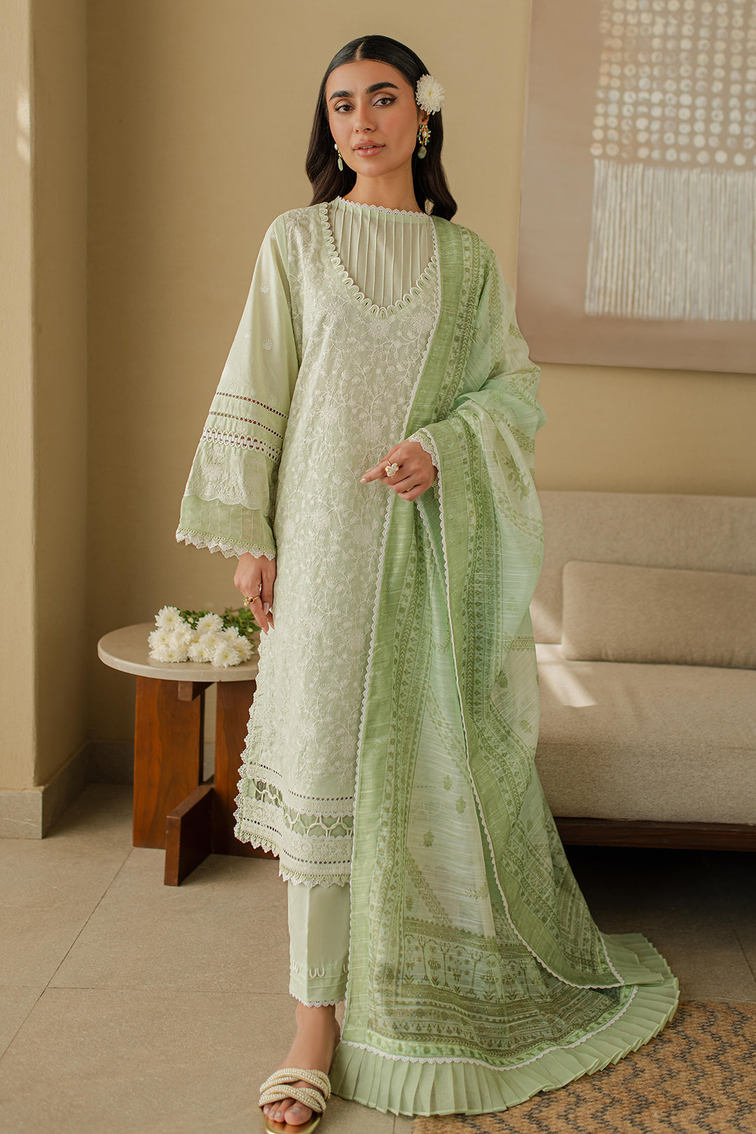 Zellbury | Unstitched 3 Piece Chikankari | Embroidered Shirt Shalwar Dupatta - 0706
