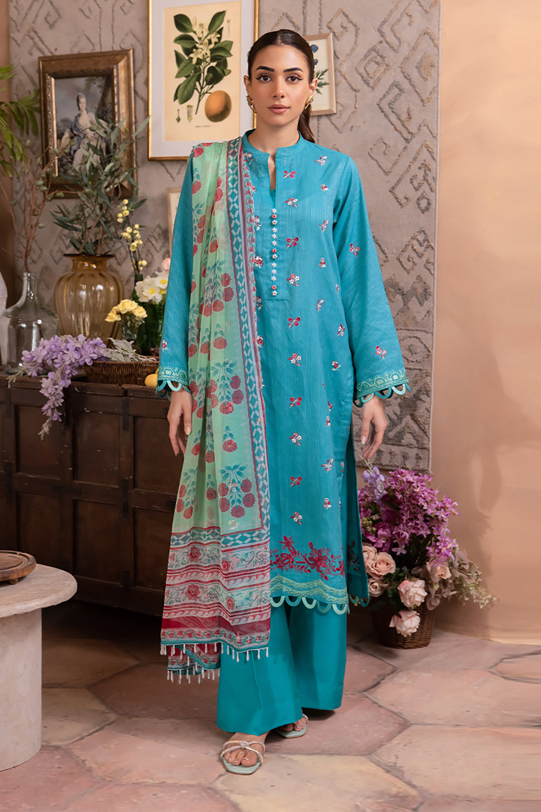 Zellbury | Unstitched 3 Piece Blue | Embroidered Shirt Shalwar Dupatta - 1115