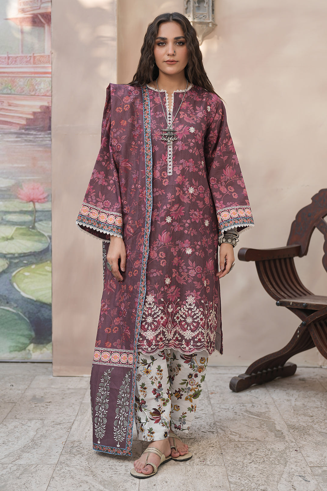 Zellbury | Unstitched 3 Piece Khaddar | Embroidered Shirt Shalwar Dupatta - 0402