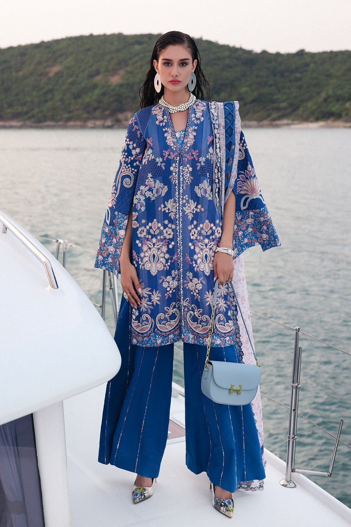 Afrozeh | Lawn 25 | Eclipse S Blue Short Open Shirt with Plazzo