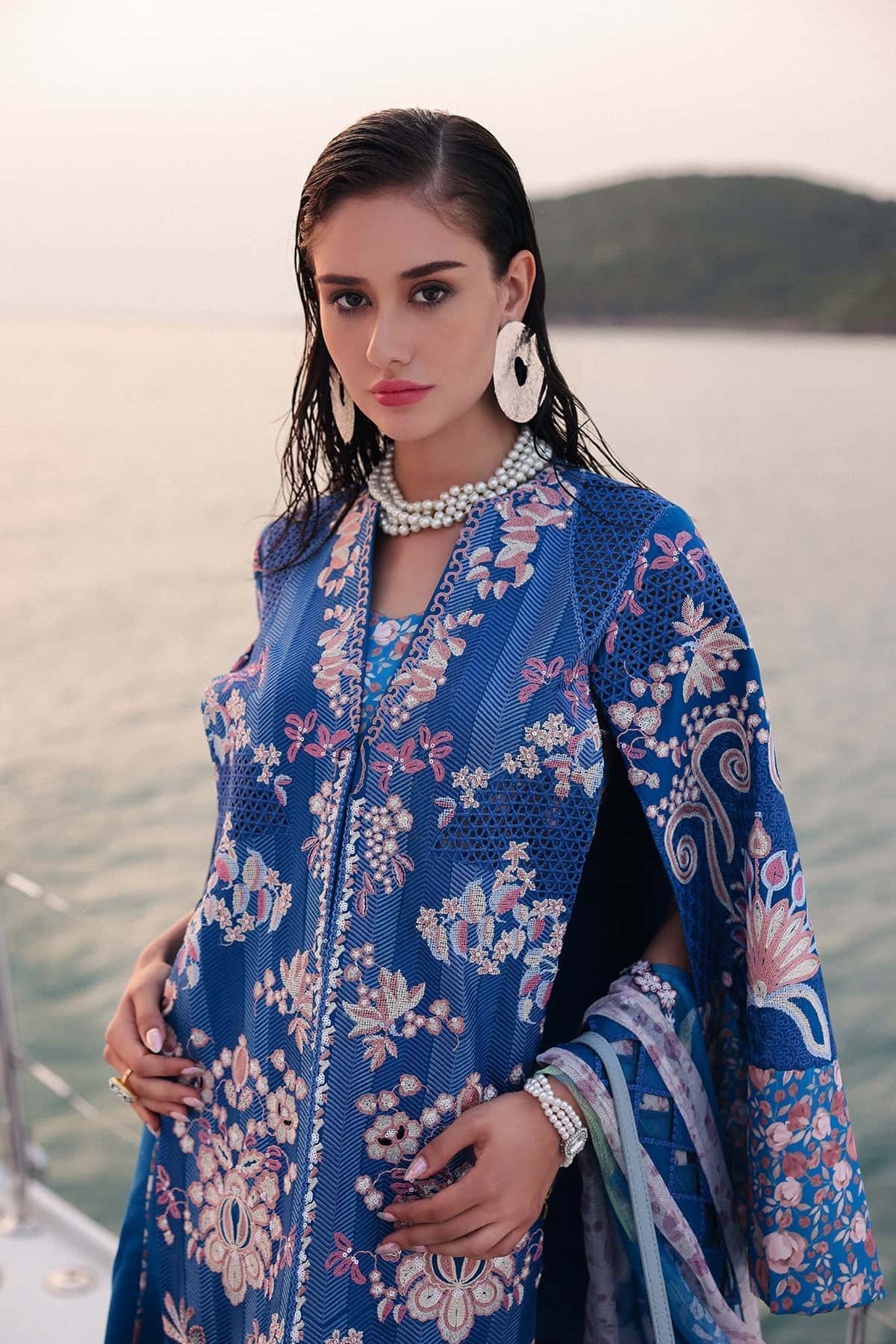 Afrozeh | Lawn 25 | Eclipse S Blue Long Open Shirt