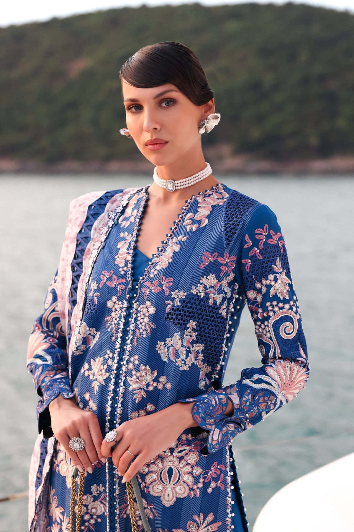 Afrozeh | Lawn 25 | Eclipse M Blue Short Open Shirt with Plazzo