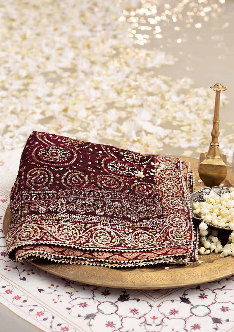 Aik Atelier | MAROON TUSSAR SILK CHUNRI SHAWL - Pakistani Designer Dress - by Aik Atelier | Type: Bridal - 100% Original at Saira Sultan
