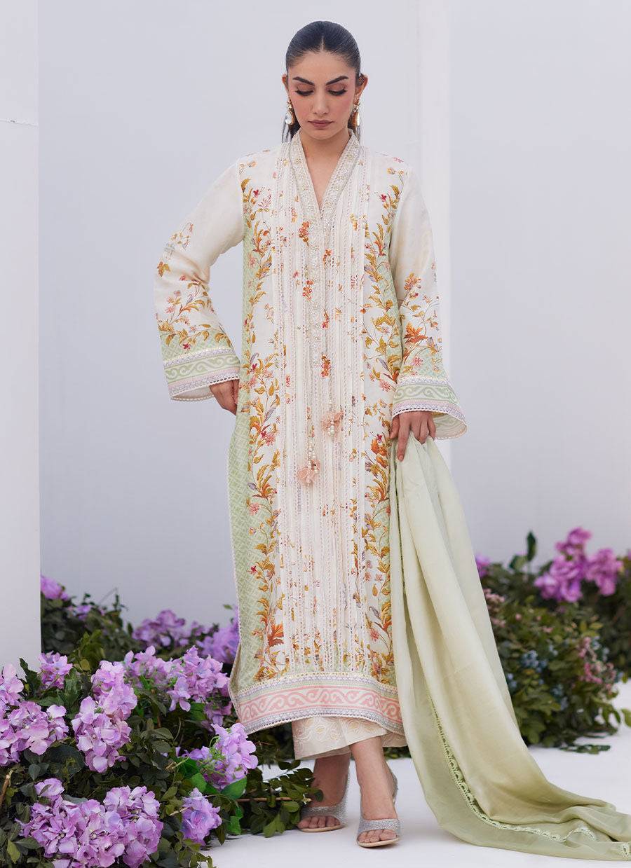 Farah Talib Aziz | Zaza Prints 24 | SAGE TRELLIS SHIRT AND DUPATTA - Pakistani Designer Dress - by Farah Talib Aziz | Type: Luxury - 100% Original at Saira Sultan