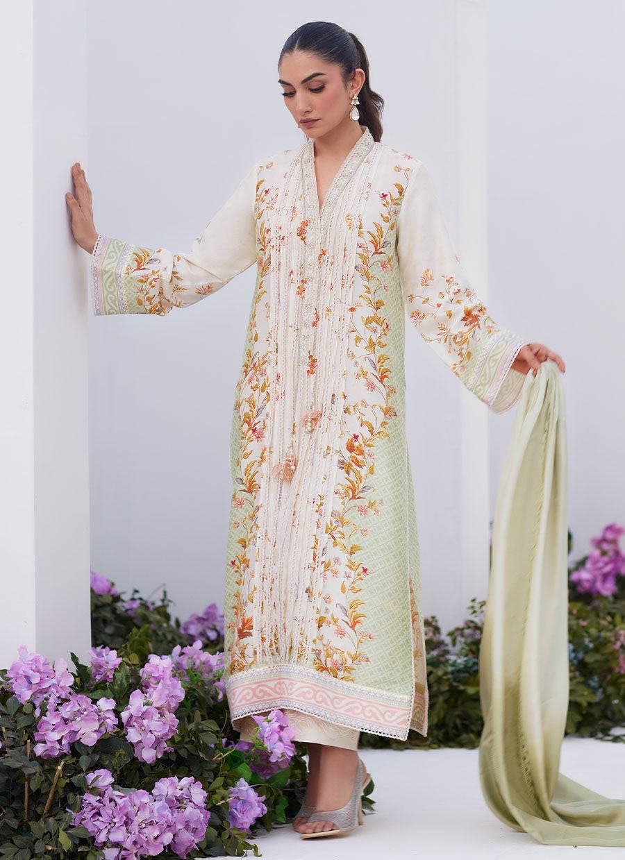 Farah Talib Aziz | Zaza Prints 24 | SAGE TRELLIS SHIRT AND DUPATTA - Pakistani Designer Dress - by Farah Talib Aziz | Type: Luxury - 100% Original at Saira Sultan