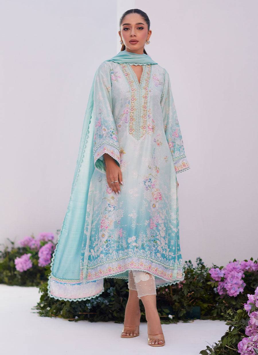 Farah Talib Aziz | Zaza Prints 24 | CYAN OMBRE SHIRT AND DUPATTA - Pakistani Designer Dress - by Farah Talib Aziz | Type: Luxury - 100% Original at Saira Sultan