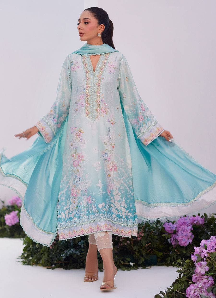 Farah Talib Aziz | Zaza Prints 24 | CYAN OMBRE SHIRT AND DUPATTA - Pakistani Designer Dress - by Farah Talib Aziz | Type: Luxury - 100% Original at Saira Sultan