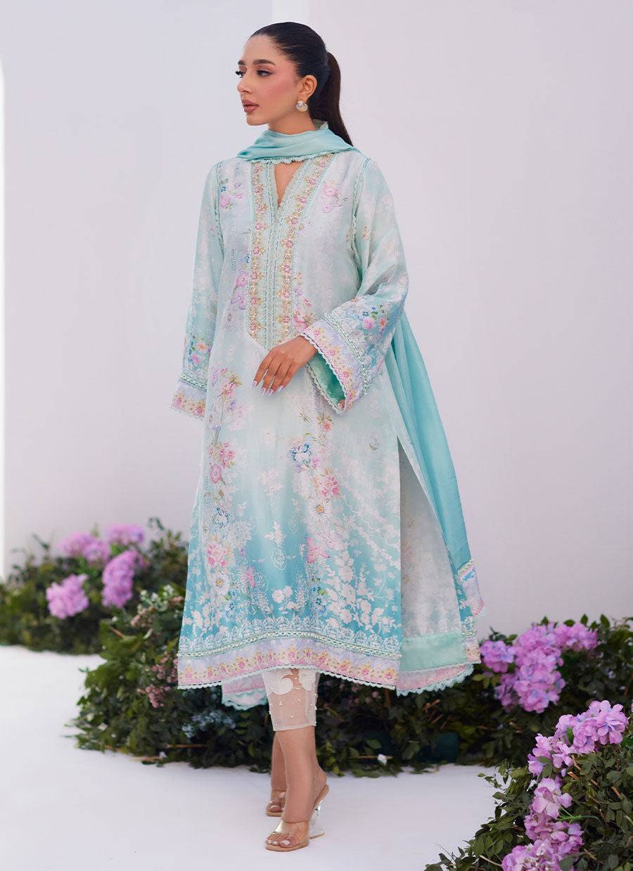 Farah Talib Aziz | Zaza Prints 24 | CYAN OMBRE SHIRT AND DUPATTA - Pakistani Designer Dress - by Farah Talib Aziz | Type: Luxury - 100% Original at Saira Sultan