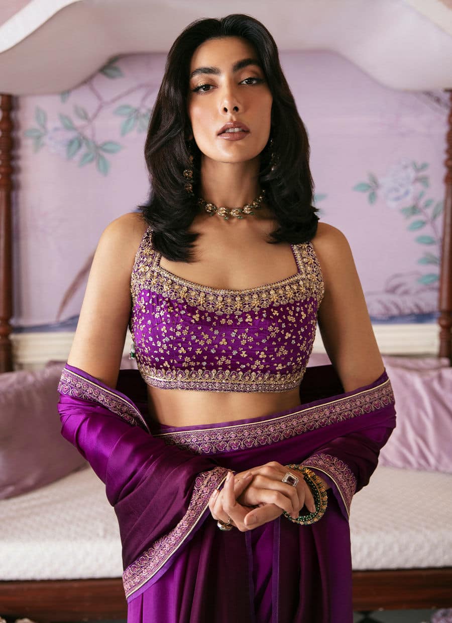 Farah Talib Aziz | Mayna Festive Luxe | AIGUL AUBERGINE SAREE - Pakistani Designer Dress - by Farah Talib Aziz | Type: Bridal - 100% Original at Saira Sultan
