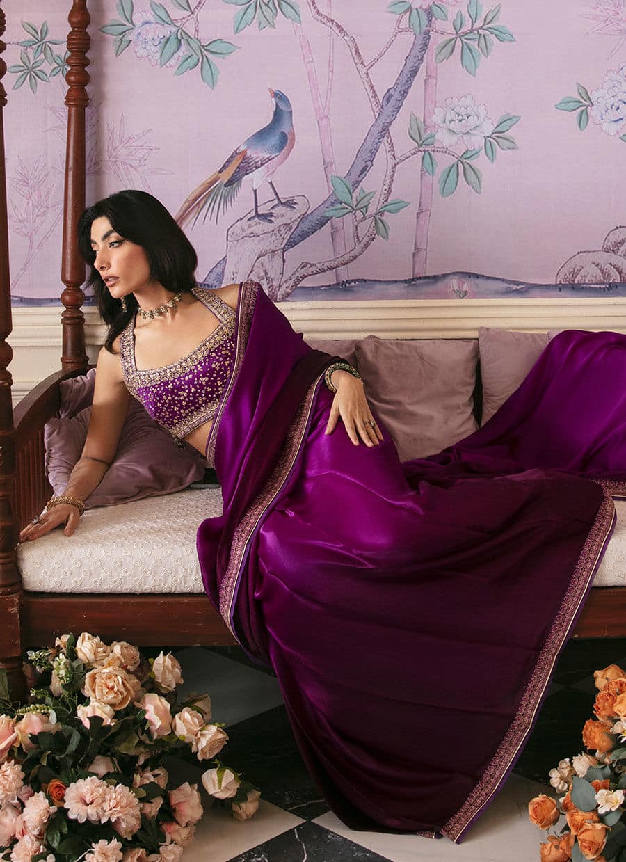Farah Talib Aziz | Mayna Festive Luxe | AIGUL AUBERGINE SAREE - Pakistani Designer Dress - by Farah Talib Aziz | Type: Bridal - 100% Original at Saira Sultan