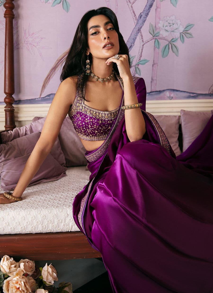 Farah Talib Aziz | Mayna Festive Luxe | AIGUL AUBERGINE SAREE - Pakistani Designer Dress - by Farah Talib Aziz | Type: Bridal - 100% Original at Saira Sultan