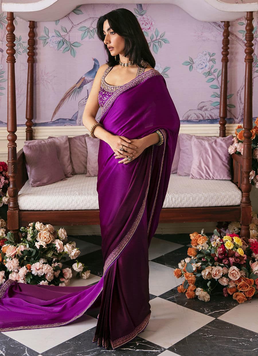 Farah Talib Aziz | Mayna Festive Luxe | AIGUL AUBERGINE SAREE - Pakistani Designer Dress - by Farah Talib Aziz | Type: Bridal - 100% Original at Saira Sultan