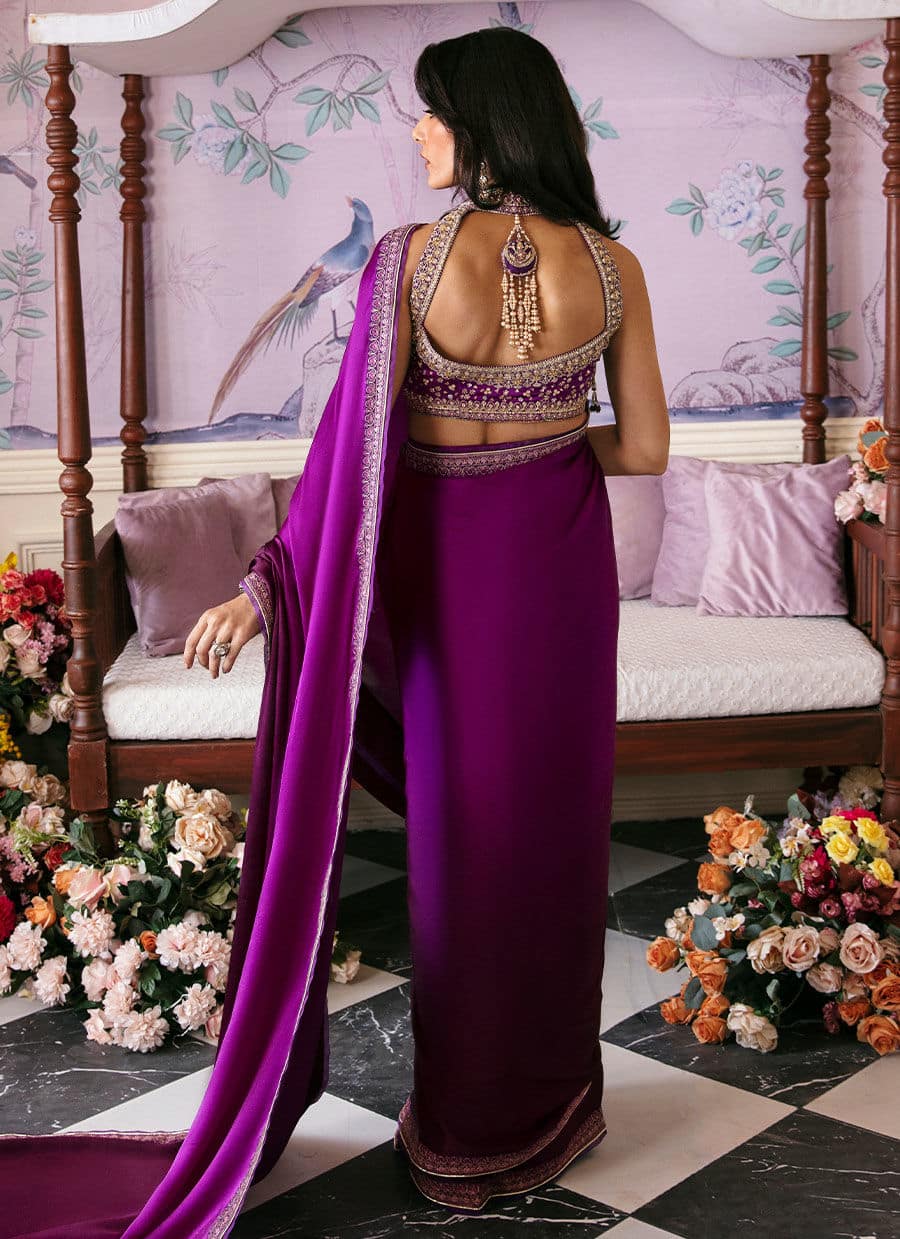 Farah Talib Aziz | Mayna Festive Luxe | AIGUL AUBERGINE SAREE - Pakistani Designer Dress - by Farah Talib Aziz | Type: Bridal - 100% Original at Saira Sultan