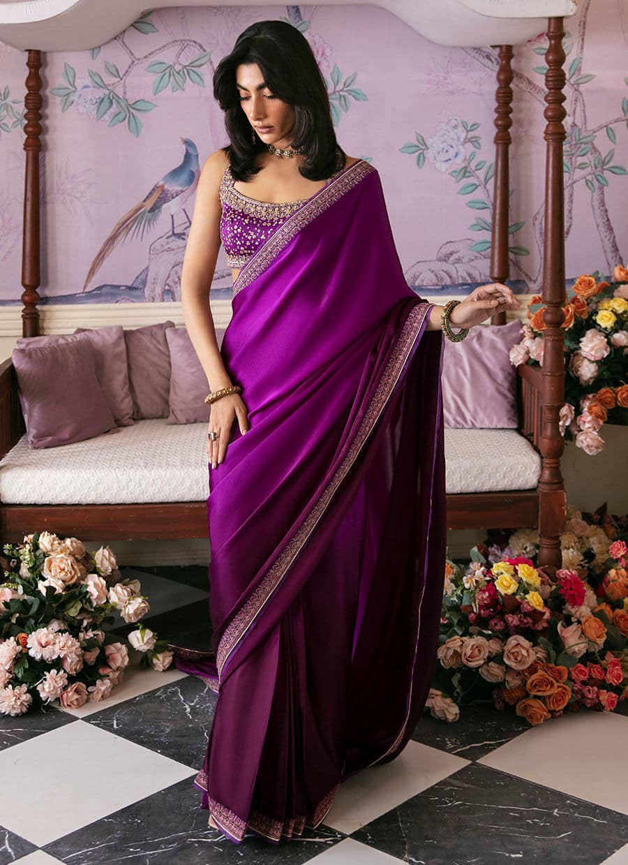 Farah Talib Aziz | Mayna Festive Luxe | AIGUL AUBERGINE SAREE - Pakistani Designer Dress - by Farah Talib Aziz | Type: Bridal - 100% Original at Saira Sultan
