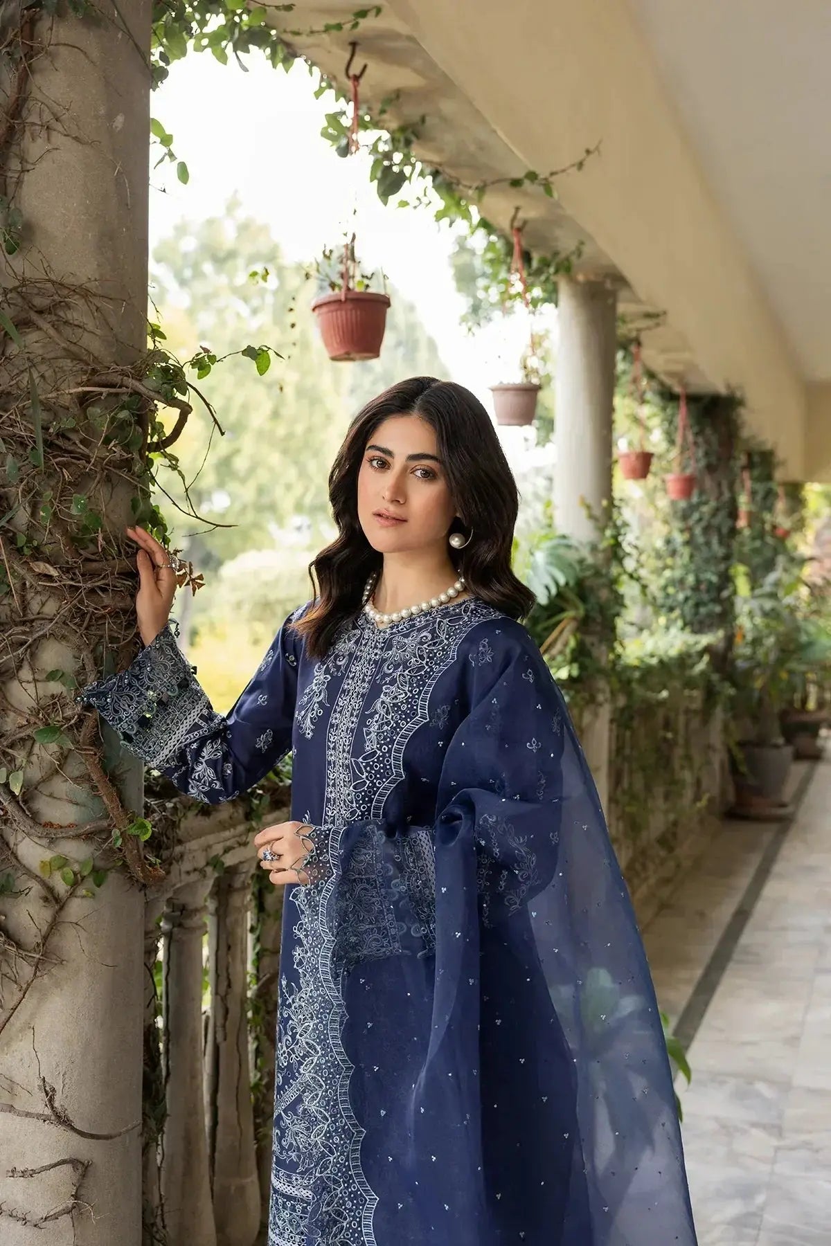 Farasha | Bahaar Embroidered Lawn | Blue Ochre - Pakistani Designer Dress - by Farasha | Type: Luxury - 100% Original at Saira Sultan