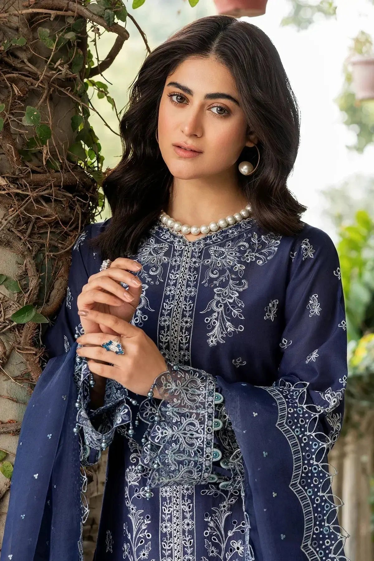 Farasha | Bahaar Embroidered Lawn | Blue Ochre - Pakistani Designer Dress - by Farasha | Type: Luxury - 100% Original at Saira Sultan