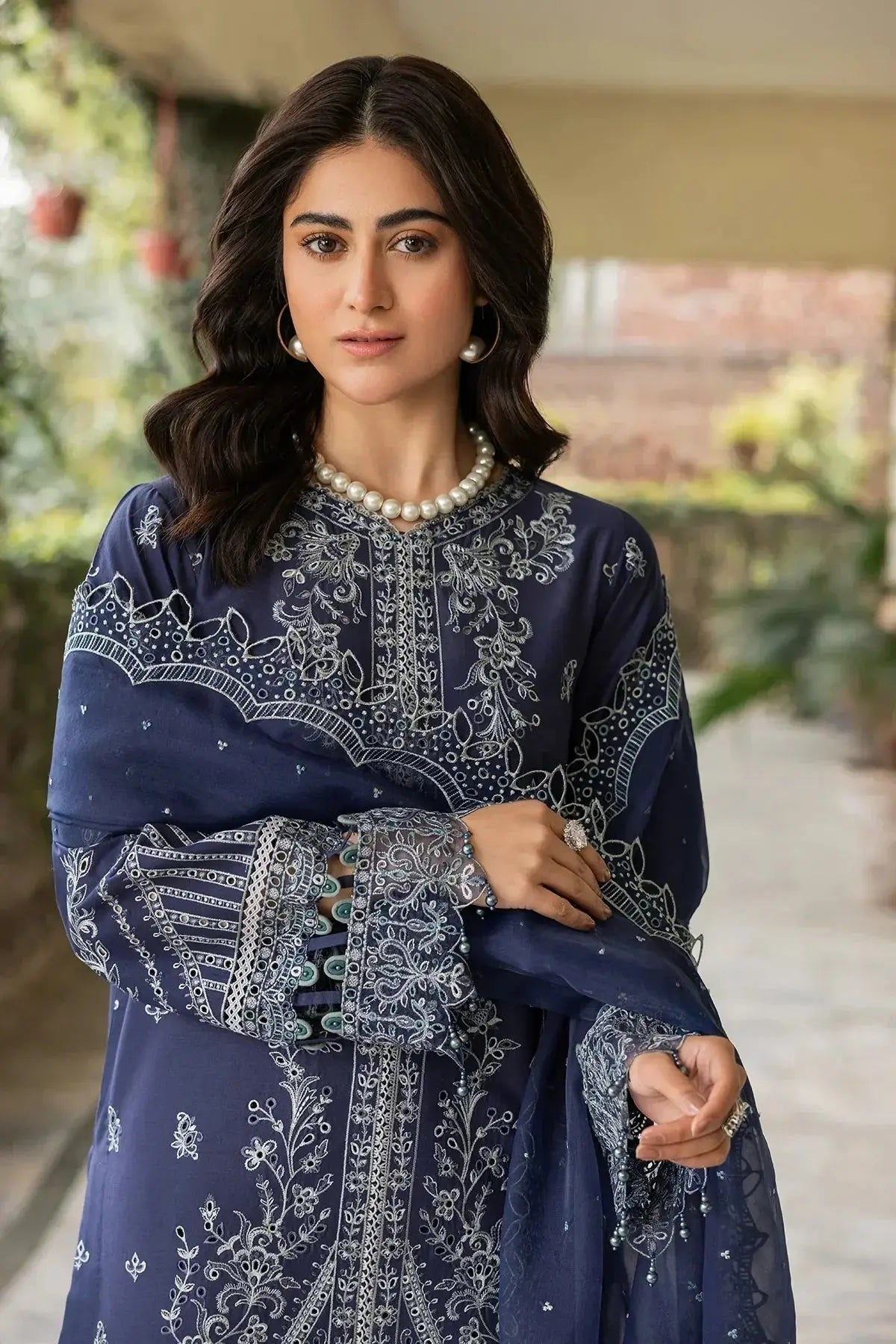 Farasha | Bahaar Embroidered Lawn | Blue Ochre - Pakistani Designer Dress - by Farasha | Type: Luxury - 100% Original at Saira Sultan