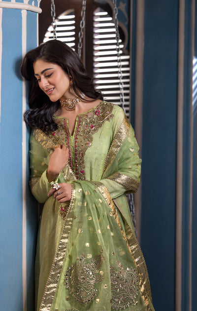 Maya | Mehr o Mah Formals | LUSTRE XS Pistachio Green Cotton Net