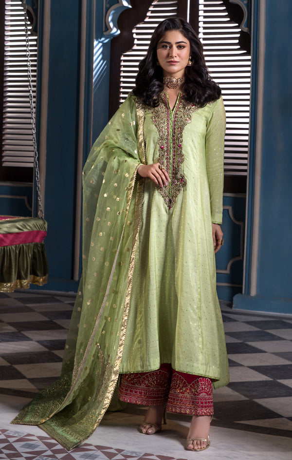 Maya | Mehr o Mah Formals | LUSTRE XS Pistachio Green Cotton Net