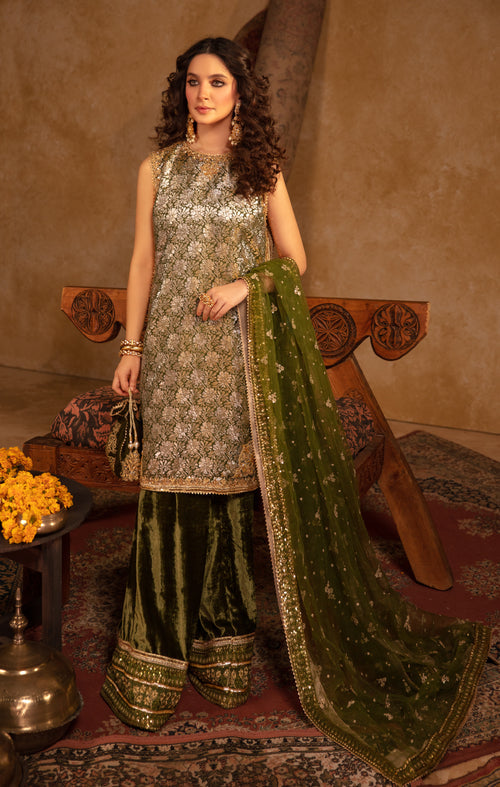 Maya | Raazi Velvet 24 | GULZAR XS Olive Green Zari