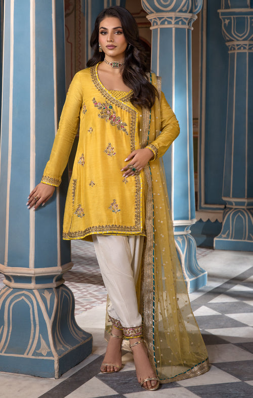 Maya | Mehr o Mah Formals | EYRZA XS Yellow Korean Raw Silk