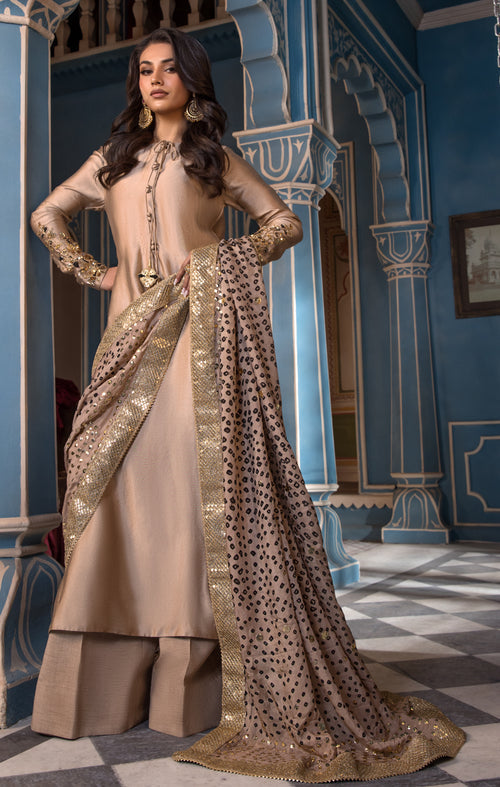 Maya | Mehr o Mah Formals | MAELIS XS Light Brown Tissue Silk