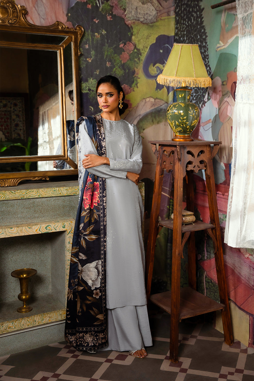 Saira Rizwan | Dahini Silk Pret | SWAN - SRLP04-25 M Cloud Gray Raw Silk