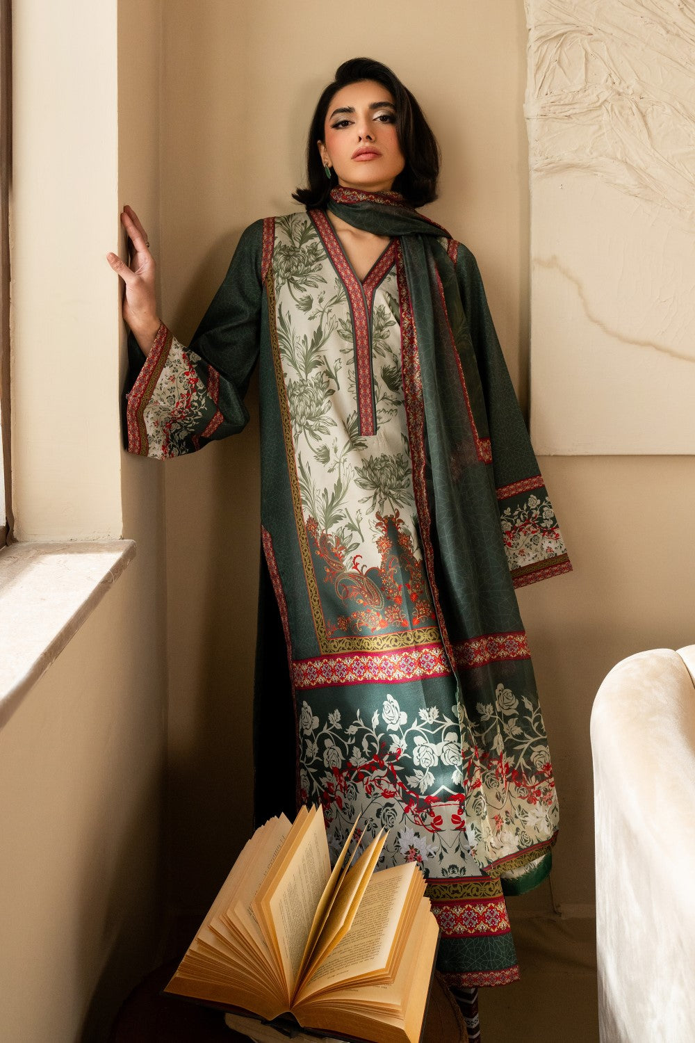 Maryum N Maria | Nazm Collection | STELLA - MS50459 M Deep Olive Green Silk